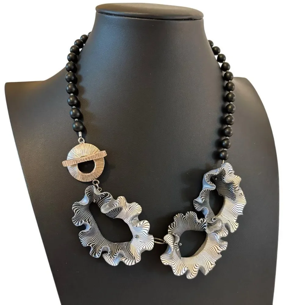 One Of A Kind Black & White Polymer Clay & SS Statement Necklace.